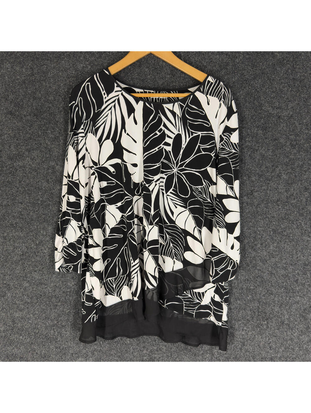 Allison Daley Blouse Women XL Black Floral 3/4 Sleeve Round Neck Pullover Casual